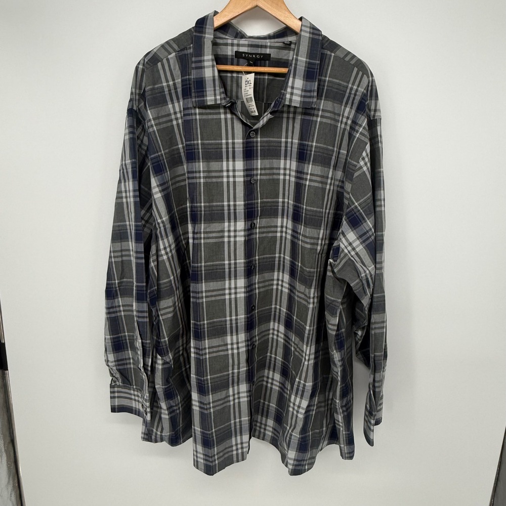 SYNRGY‎ DXL Big and Tall Mens 4XL Plaid Button Down Shirt Grey Navy Blue Cotton